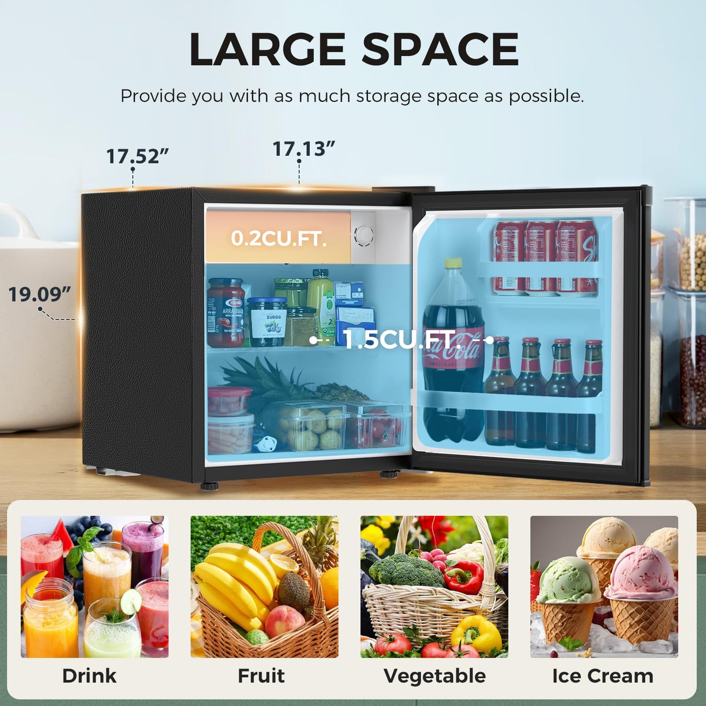 Antarctic Star 1.7 Cu.Ft Compact Refrigerator with Freezer,Adjustable Thermostat,Removable Glass Shelf,Single Reversible Door Mini Fridge for Bedroom,Office,Dorm,Black