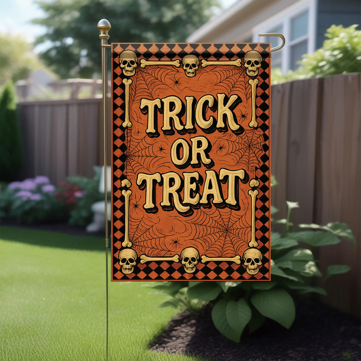 Saoplasa Halloween Garden Flag Trick or Treat Skulls Spider Webs Flag 12x18 Inch Double Sided Outdoor Yard Banner for Halloween Haunted House Spooky Trick or Treat Decoration Decor