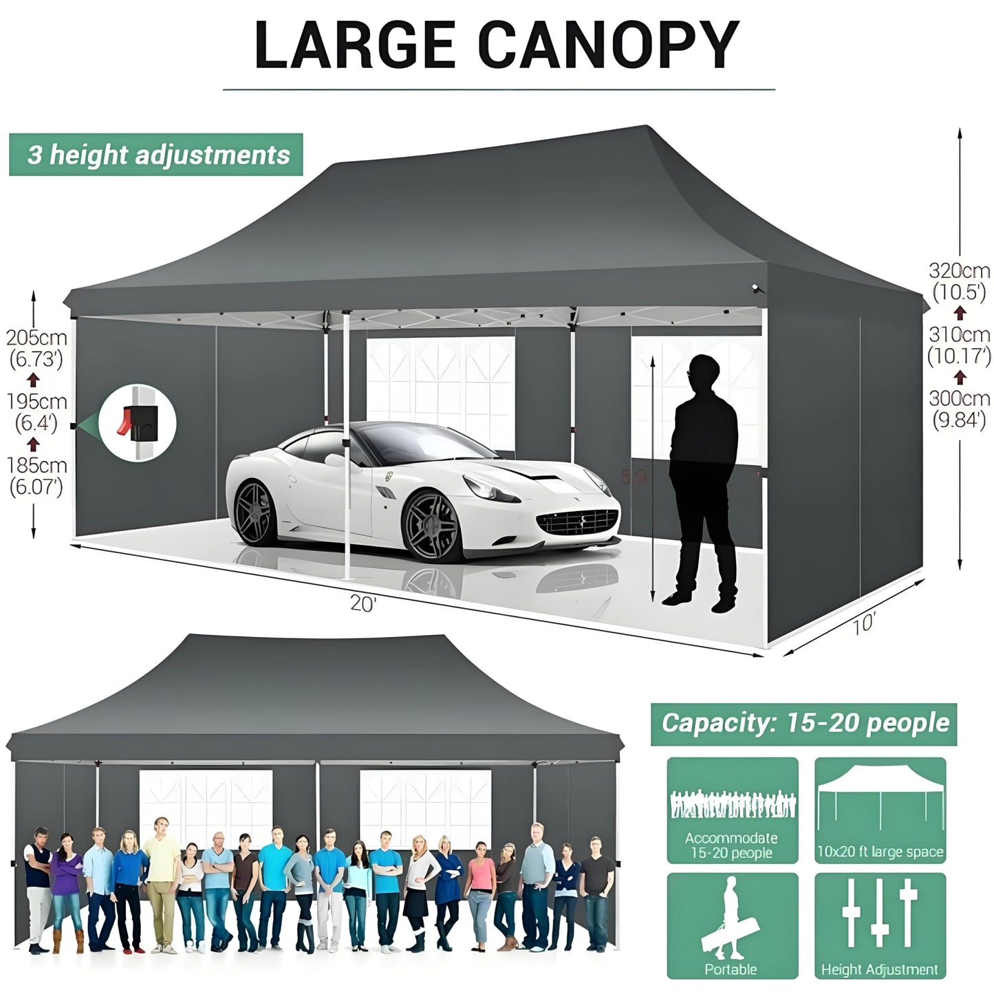 COBIZI 10x20 Pop Up Canopy with 6 Sidewalls, Conical Party Tent 10x20 with 3 Adjustable Height Waterproof, UV-Resistant with Carry Bag, Sandbag, Stake, Ropes for Parties, Commercial (Frame Upgraded)