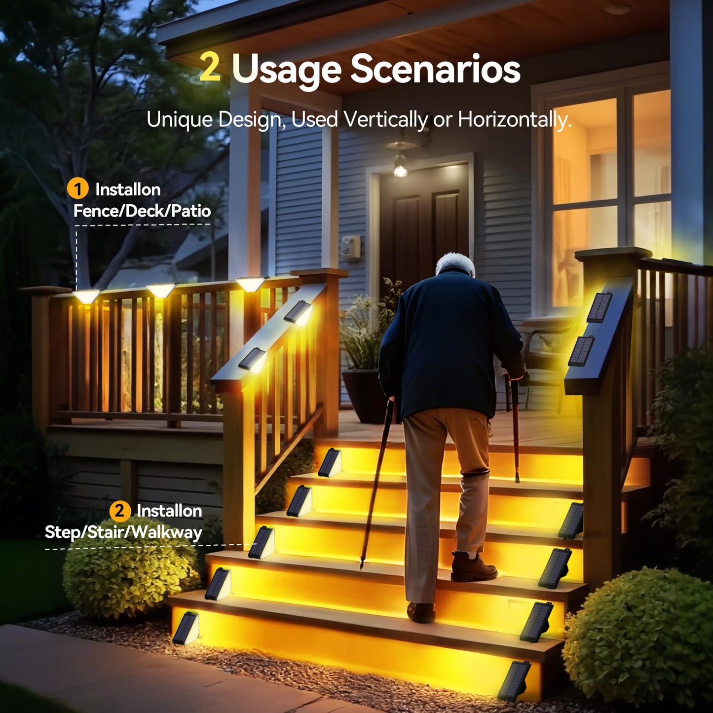 TECKNET Solar Step Lights for Outside, 2 Adjustable Brightness, 2 Mounting Methods, 24 LEDs Solar Stair Lights Outdoor, IP67 Waterproof Deck Light for Yard, Porch, Front Door, Patio, Garden （3000K）