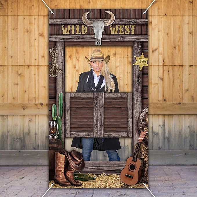 Blosssound Wild West Party Decorations Western Cowboy Photo Booth Prop West Themed Door Banner Rodeo Cowboy Backdrop Backg...