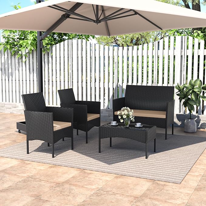 ASJMR 4 Piece Patio Rattan Conversation Set, Outdoor Rattan Chair Wicker Furniture Set, Couple Seats and Tempered Glass Table,Comfort Seat for Patio, Pool or Backyard