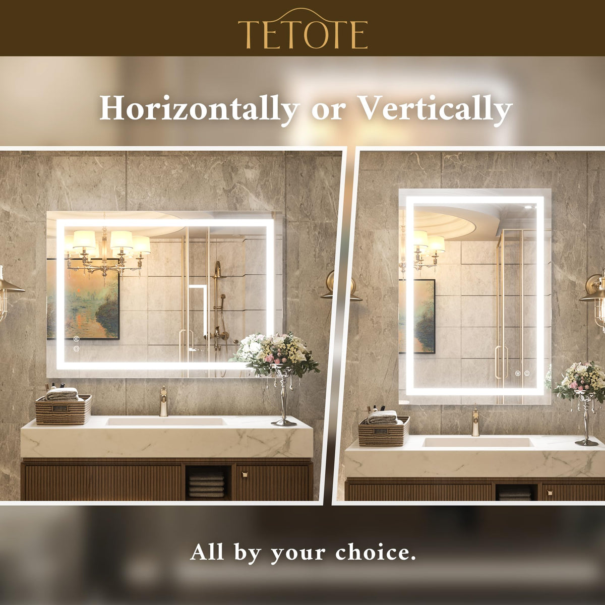TETOTE 24 x 36 LED Bathroom Mirror LED Mirror Bathroom Decor Vanity Makeup Mirror Dimmable Anti-Fog Wall Mounted Bathroom Mirror with Lights, Tempered Glass