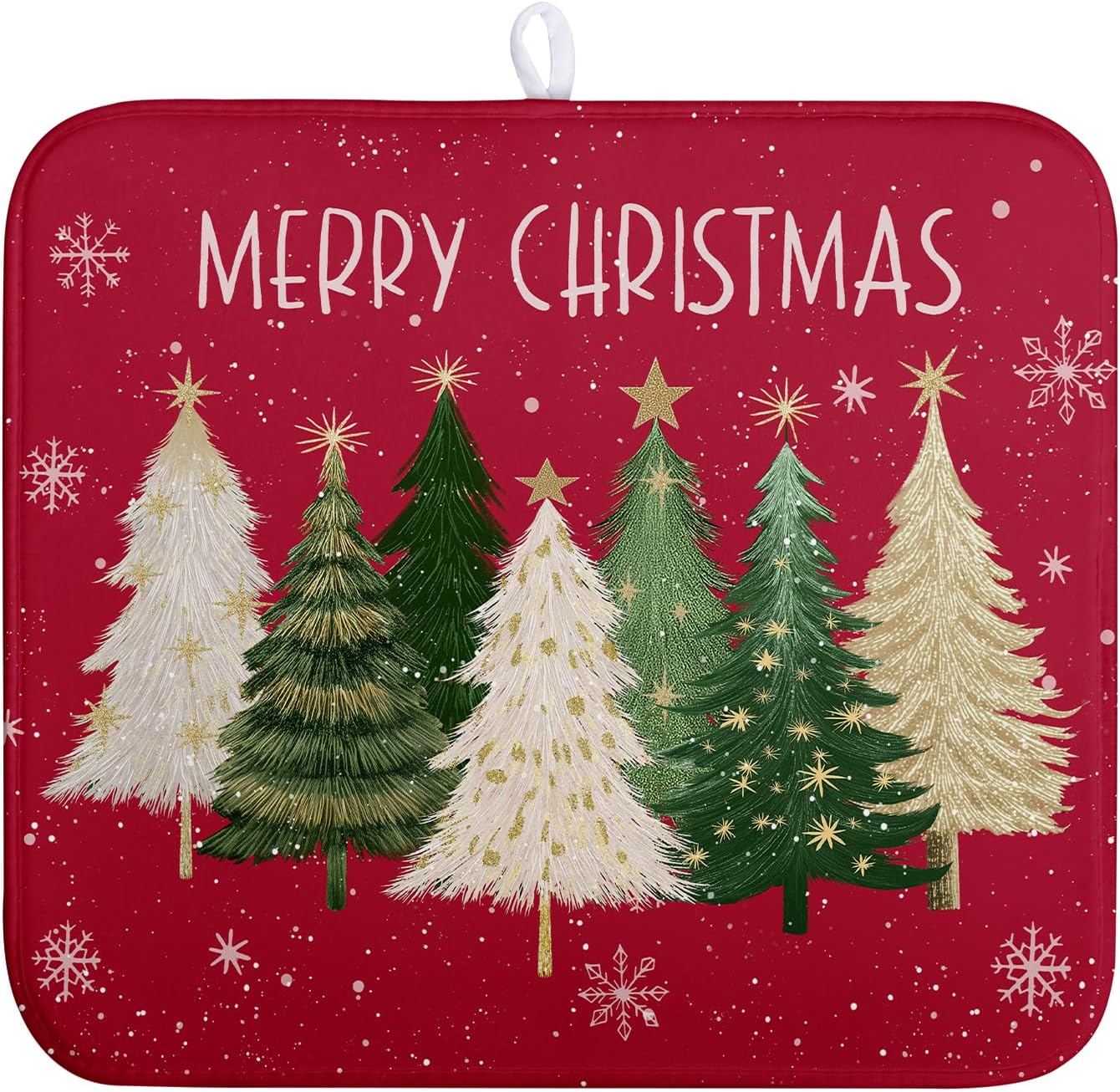 Merry Christmas Dish Drying Mat for Kitchen Counter 16x18 Inch Red Xmas Tree Snowflakes Drying Pad Winter Holiday Absorbent Microfiber Dish Draining Reversible Dish Drainer Rack Mat