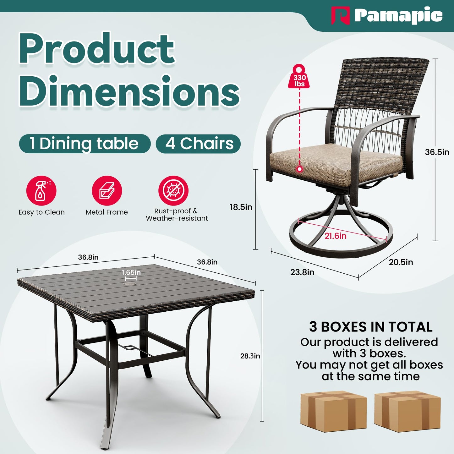 Pamapic 5 Piece Outdoor Furniture Set, Rattan Outdoor Patio Furniture Set for Deck Backyard with Iron Slats Outdoor Dining Table, 4 Swivel Outdoor Dining Chairs and Removable Cushions (Beige)