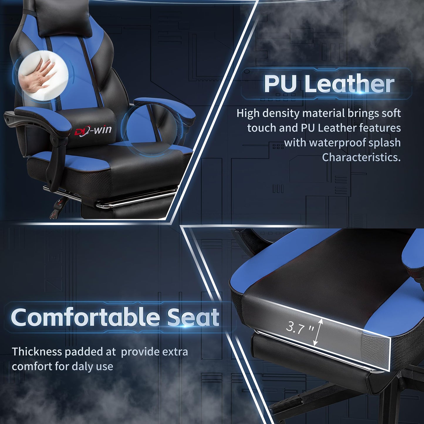 DL-win Gaming Chairs for Adults, Computer Chair with Footrest and Ergonomic High Back, Big and Tall Gamer Chairs with Massage Lumbar Support, 360° Swivel Height Adjustable Gaming Chair, Blue