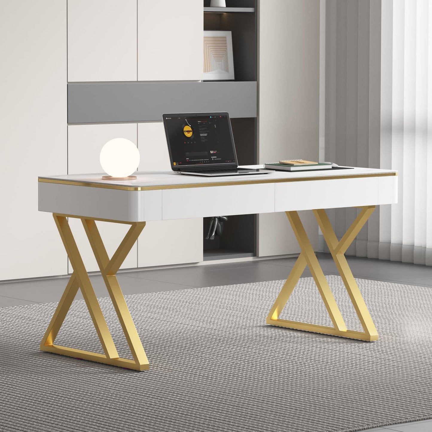 Dongge Modern Office Computer Desk with Tempered Glass Top & Marble Pattern, White Wooden Gaming Desk with Drawers, Thick Lacquered Writing Desk for Home Office, Bedroom and Living Room (XZ-104)