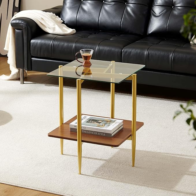 Pine Flicker Square Glass End Table, Mid-Century Modern Sofa Table, L20*W20*H23 inch for Living Room, 2-Tier Structure, Clear Glass Top and Walnut MDF Shelf, Sleek Conical Metal Legs with Gold Finish