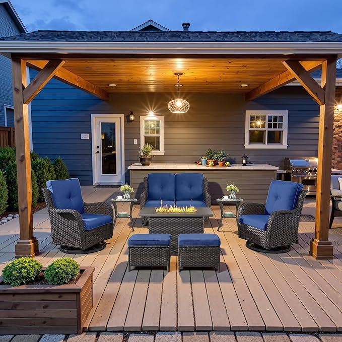Belord 8 Piece Outdoor Patio Furniture Set - 41" CSA Propane Fire Pit Table Patio Conversation Set with Swivel Rocker Outdoor Chairs, Wicker loveseat and Ottoman for Outside Casual Gathering