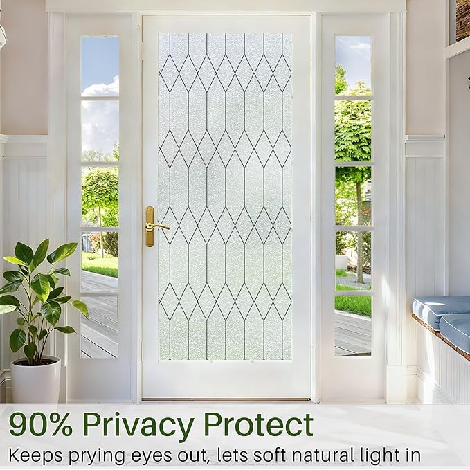 Windimiley Window Privacy Film Stained Glass Static Clings, Bathroom Frosted Leaded Decorative Window Stickers, UV Heat Blocking Opaque Removable for Home Door Coverings (23.6 x 157.5in,Pure)