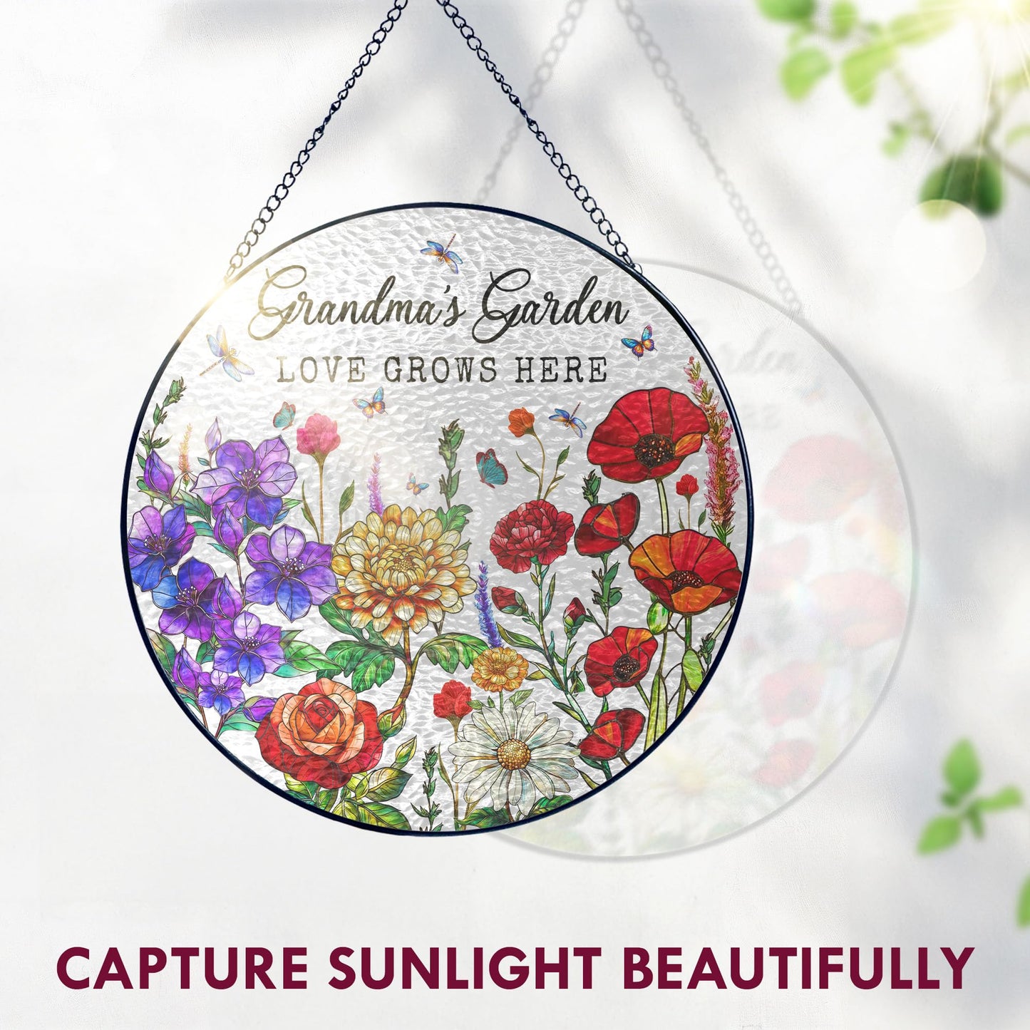 FLAGWIX Grandma Birthday Gifts - Grandma's Garden Stained Glass Window Hanging with Base 8 in - Birthday Gift for Grandma, Christmas Grandparents Day Gifts for Nana Gigi, Sun Catchers Indoor Window