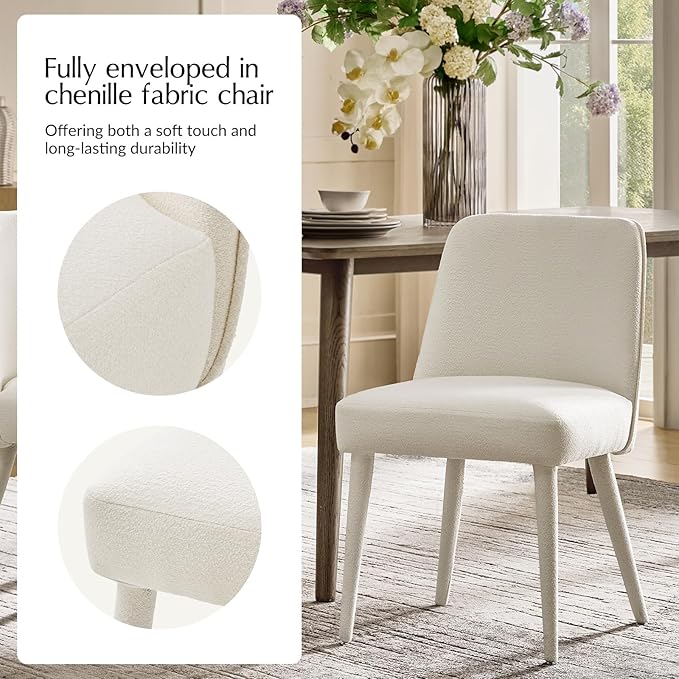 HULALA HOME Modern Dining Chairs Set of 4，White Fully Chenille Upholstered Dining Room Chairs Set with Foot Peg, Wood Frame, Armless Kitchen Accent Chairs for Living Room Bedroom Reception - Ivory