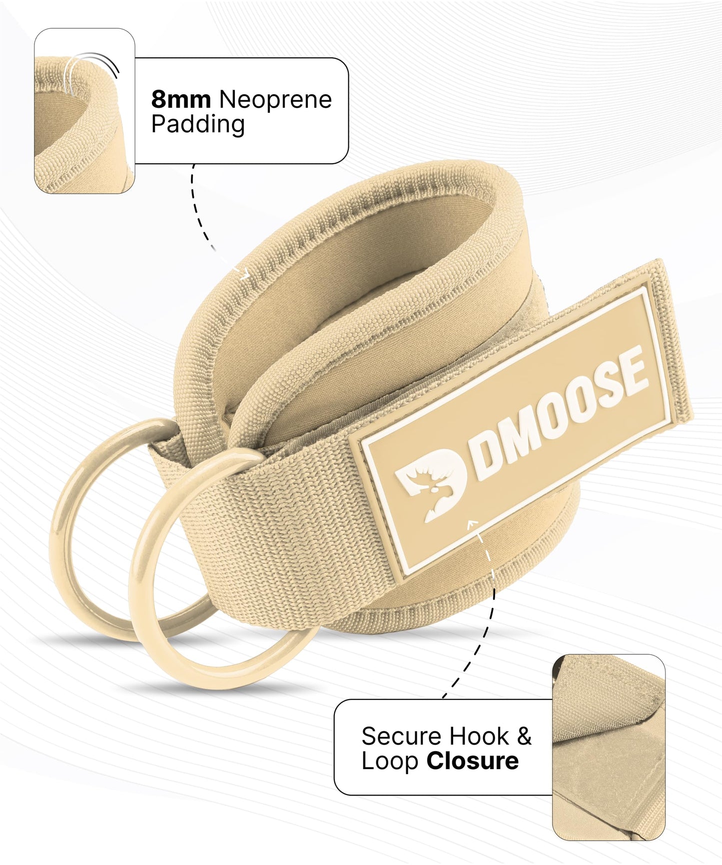 DMoose Fitness Ankle Straps for Cable Machines - One Size Fit Premium Padding, Glute Kickback Ankle Strap for Women & Men, Cable Attachments for Gym & Booty Workouts & Hip Abductors (Beige - Single)