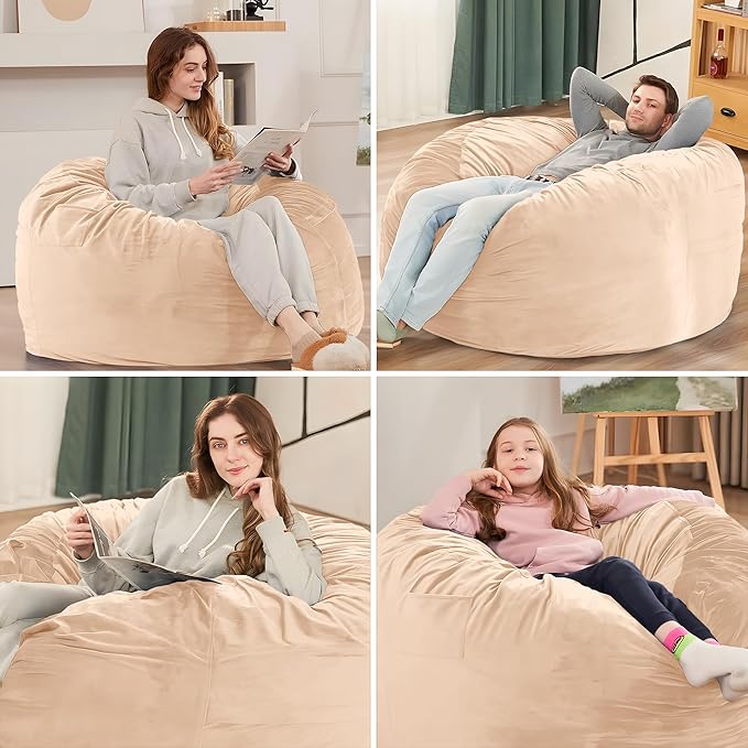 HABUTWAY Bean Bag Chair 3Ft Luxurious Velvet Ultra Soft Fur with High Rebound Memory Foam Bean Bag Chairs for Adults Plush Lazy Sofa with Fluffy Sponge 3' (Khaki)