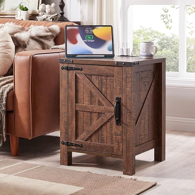 OKD Farmhouse Nightstand Set of 2 with Charging Station, 18 Inch Rustic End Table with Barn Door Cabinet, Adjustable Storage Shelf, Wood Sofa Side Table for Living Room, Bedroom, Reclaimed Barnwood