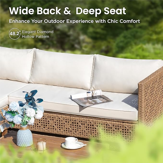 PHI VILLA Sectional Outdoor Couch, Small Patio Furniture Set with Cushions and Acacia Wood Coffee Table, U-Shaped Wicker Outdoor Sofa for Deck or Porch, 6 Seats, Beige
