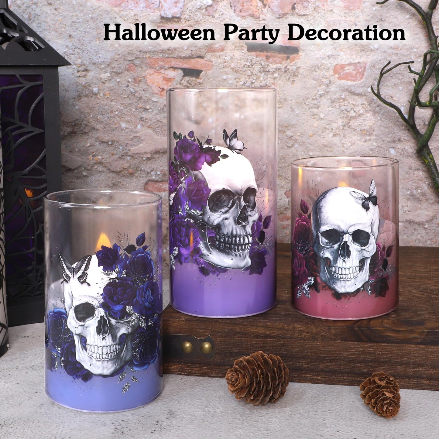 Immeiscent Halloween Glass Flameless Candles Romantic Gothic Skull Floral Battery Operated Remote Timer Flickering LED Pillar Candle for Wedding Party Goth Bathroom Decor
