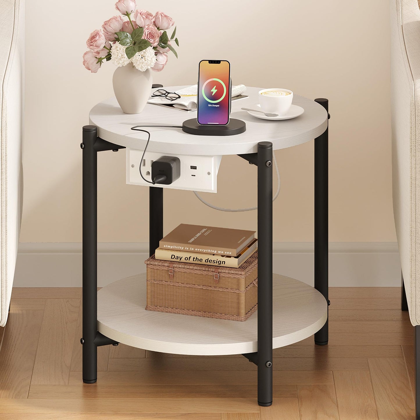 LIKIMIO Side Table with Charging Station, 2-Tier Round End Table with Lower Shelf, 15.8" W Modern Wooden Nightstand for Small Spaces, Living Room, Bedroom, White