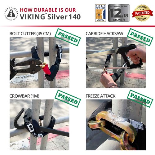 Seatylock Viking Bike Chain Lock with Key - Magnetic Patented Sold Secure Silver Rated - Heavy Duty Anti Theft - Smart Ultra Security Bicycle Lock (55.1 Inch)