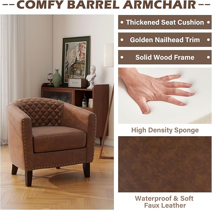 UIXE Faux Leather Barrel Accent Chairs Set of 6, Modern Club Upholstered Arm Chair, Comfy Armchair Nailed Trim Living Room Single Sofa Reading Seat Bedroom Side Sitting for Office, Brown