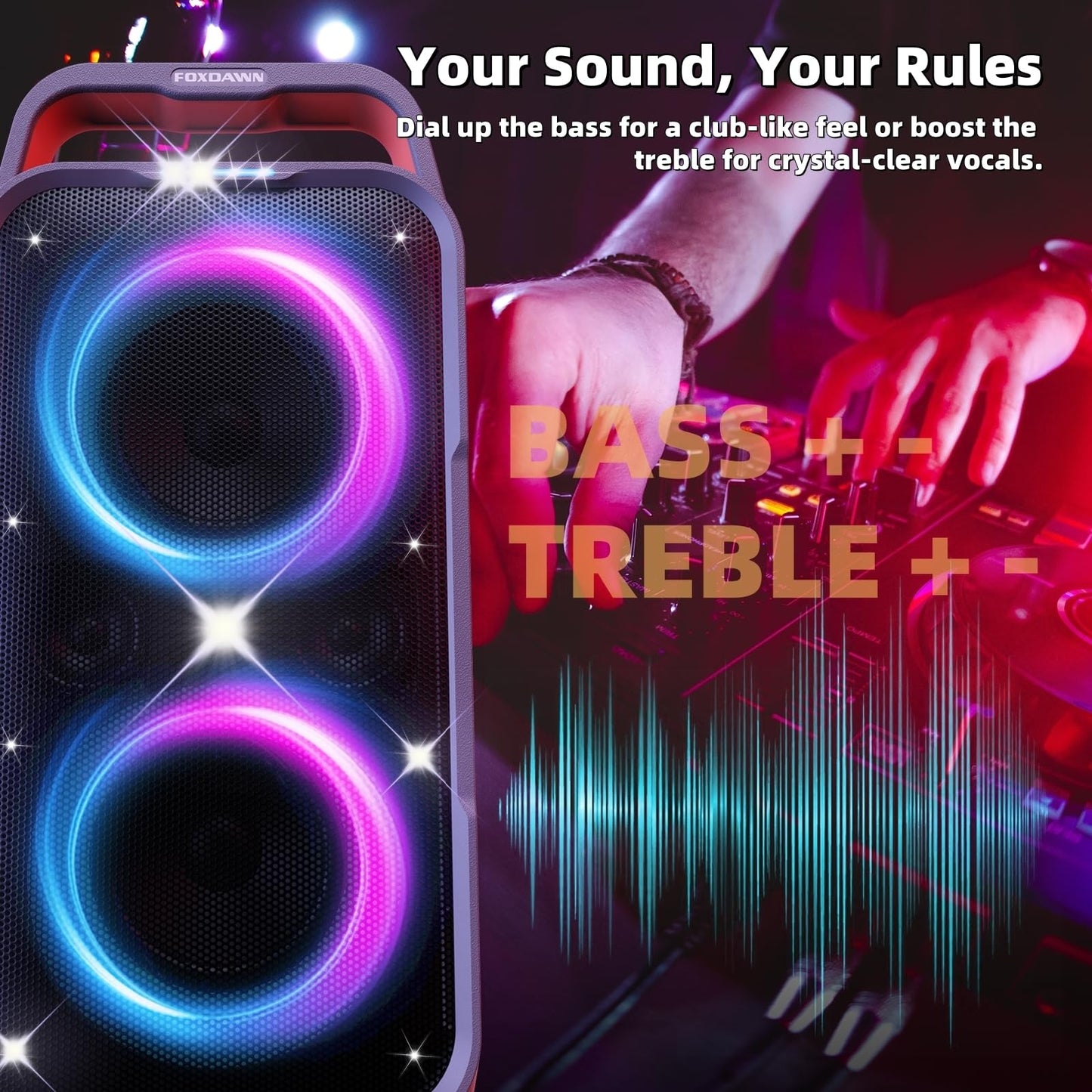Foxdawn Portable Bluetooth Speaker 240W Deep Bass Wireless Boombox Large Black Model PT300 with 15H Battery Life & LED Light Show