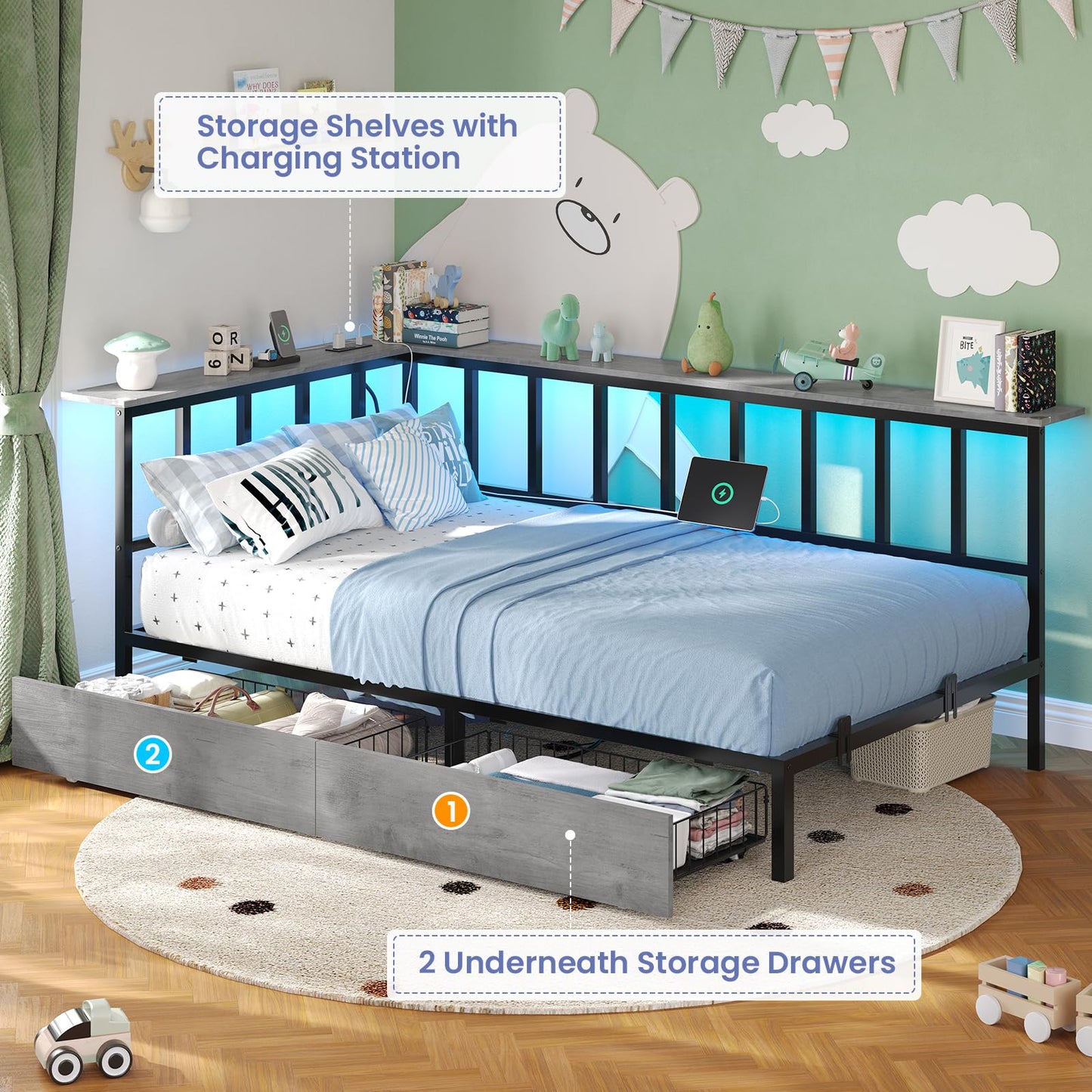Hasuit Twin Corner Bed Frame with 2 Storage Drawers, Modern Twin Daybed with Charging Station and LED Lights for Kids Teenagers, Metal Platform Bed Frame for Bedroom, Living Room, Guest Room, Oak Gray