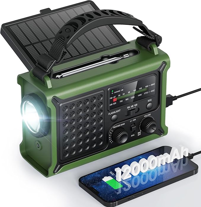 Raynic NOAA Weather Radio 12000mAh, Emergency Weather Radio with 2X Faster Solar & Hand Crank Charging, 5W Flashlight, Rea...