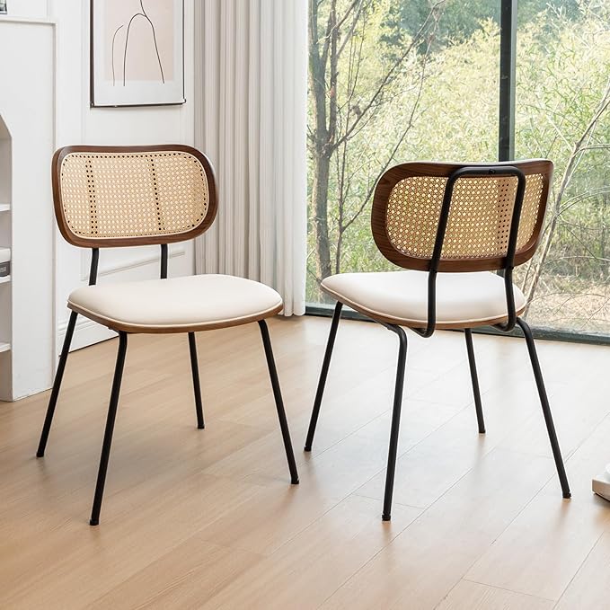 HOCEWI Rattan Dining Chairs Set of 4, Mid Century Modern Dining Chairs with Cane Back for Kitchen Dining Room, 19 Inch Faux Leather Beige