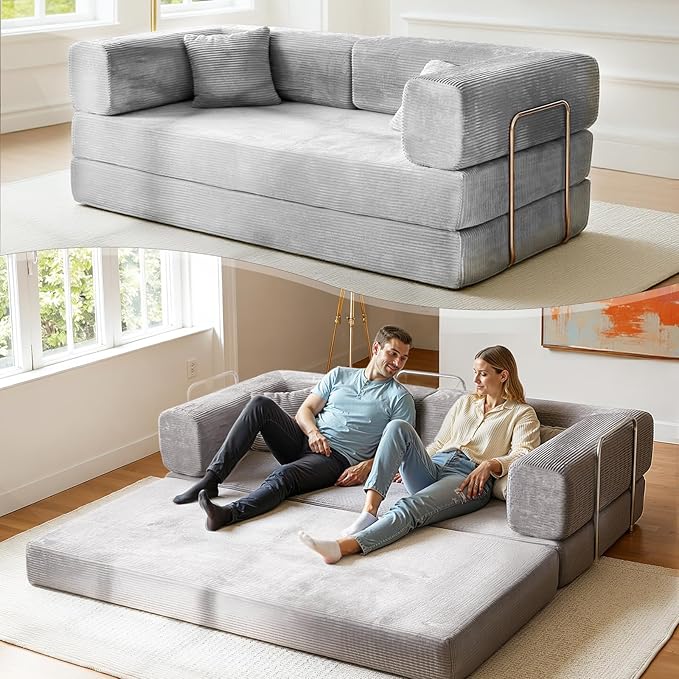 Kelyda 79 Inch Convertible Sofa Bed Couch in Box, 5 in 1 Folding Modular Boneless Couch with Pull Out Bed 2 Pillows, Soft Corduroy Floor Futon Lounge Loveseat Sleeper Lazy Cama No Assembly Light Grey