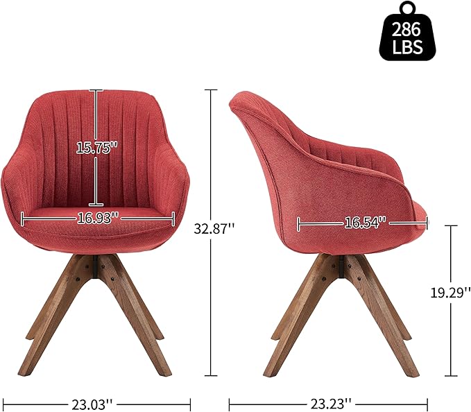Art Leon Dining Chair - Mid Century Modern Fabric Upholstered Swivel Dining Room Chair with Wood Legs, Leisure Side Chair with Arms for Living Room, Red