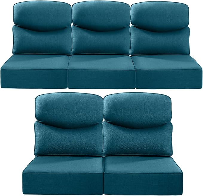 ACTREST Luxury 22x24/22x25 6-Inch Smile Outdoor Cushions for Patio 5 Piece Set - Set of 5 Zippered Outside Pillows for Wicker Dining Rocking Gliders Loveseat Couch Sectional Sofa - Peacock Blue