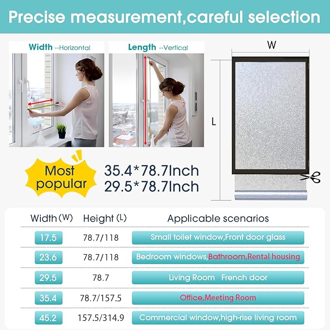 Coavas Window Privacy Film Frosted Glass Static Clings, Decorative Bathroom Door Privacy Film Day and Night, Heat UV Blocking Anti-Glare Frosting Stickers Renter Non-Adhesive, 35.4 x 78.7 Inch, Silver