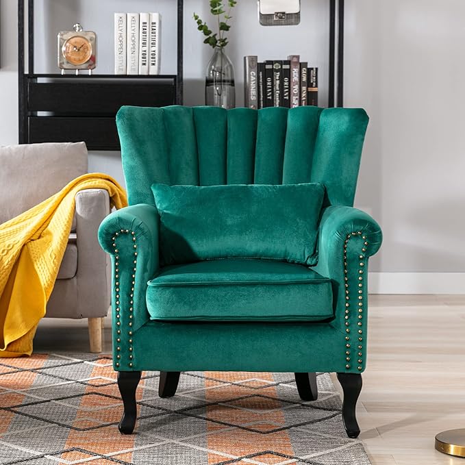 DM Furniture Mid Century Accent Chair Modern Tufted Wingback Armchairs Club Chair Velvet Fabric Single Sofa Lounge Chair with Pillow for Living Room, Green