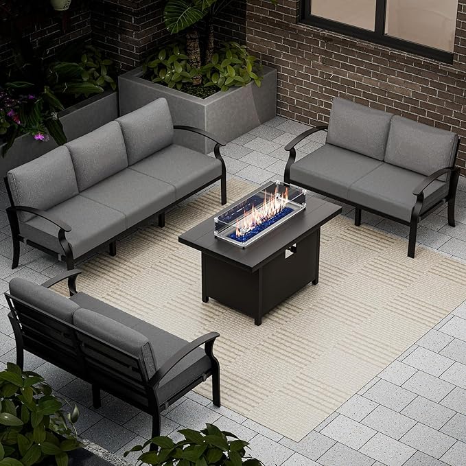 RTDTD Aluminum Outdoor Patio Furniture Set,4 Pieces 7 Seats Patio Conversation Sets with 45" Propane Fire Pit Table,Metal Patio Sectional Furniture Set w/5.1" Cushions for Porch,Deck,Backyard,Grey