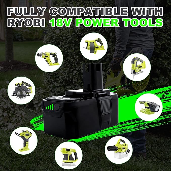 Upgrade 2 Pack 8.0Ah High Capacity Replacement for Ryobi 18V Battery P108 P104 P105 P102 P103 P122 P109 Li-ION Compatible with Ryobi 18V ONE+ System Cordless Power Tools and Charger