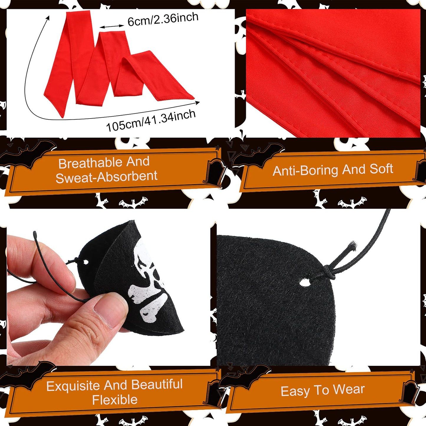 Frienda 6 Pcs Pirate Party Favor Supplies Include 3 Tie Headband Pirate Head Bandana 3 Eye Patches Halloween(Red)