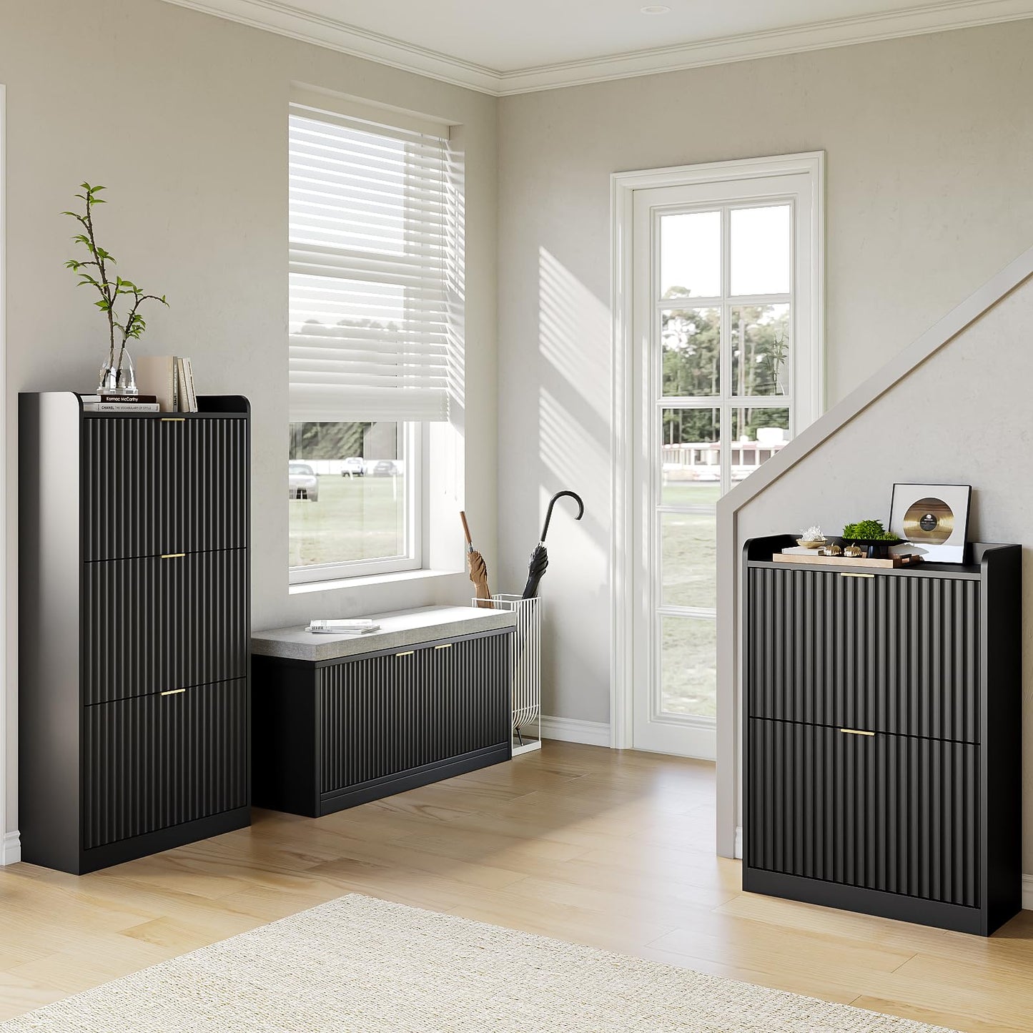 SINROM Fluted Shoe Cabinet with 3 Flip Drawers, Narrow Shoe Storage Cabinet for Entryway, Freestanding Shoes Rack Organizer Cabinets with Adjustable Shelves for Entryway, Hallway