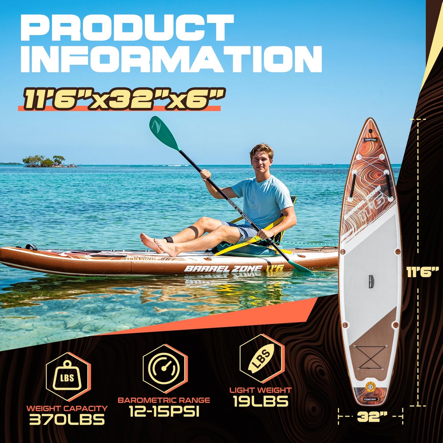 TIDETREK 11'6" Inflatable Stand Up Paddle Boards, Premium SUP Accessories, Non-Slip Comfort Deck for Youth & Adults (Amber Drift/Kayak Seat)