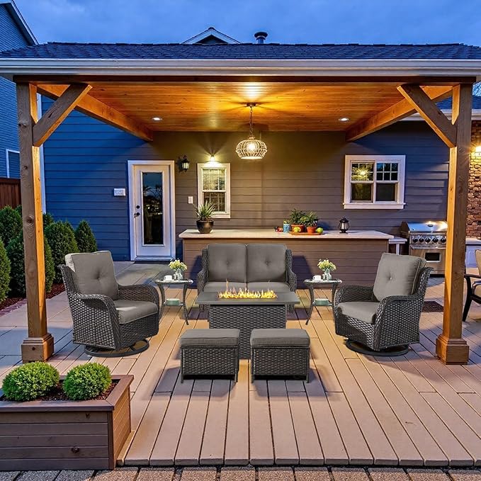 Belord 8 Piece Outdoor Patio Furniture Set - 41" CSA Propane Fire Pit Table Patio Conversation Set with Swivel Rocker Outdoor Chairs, Wicker loveseat and Ottoman for Outside Casual Gathering