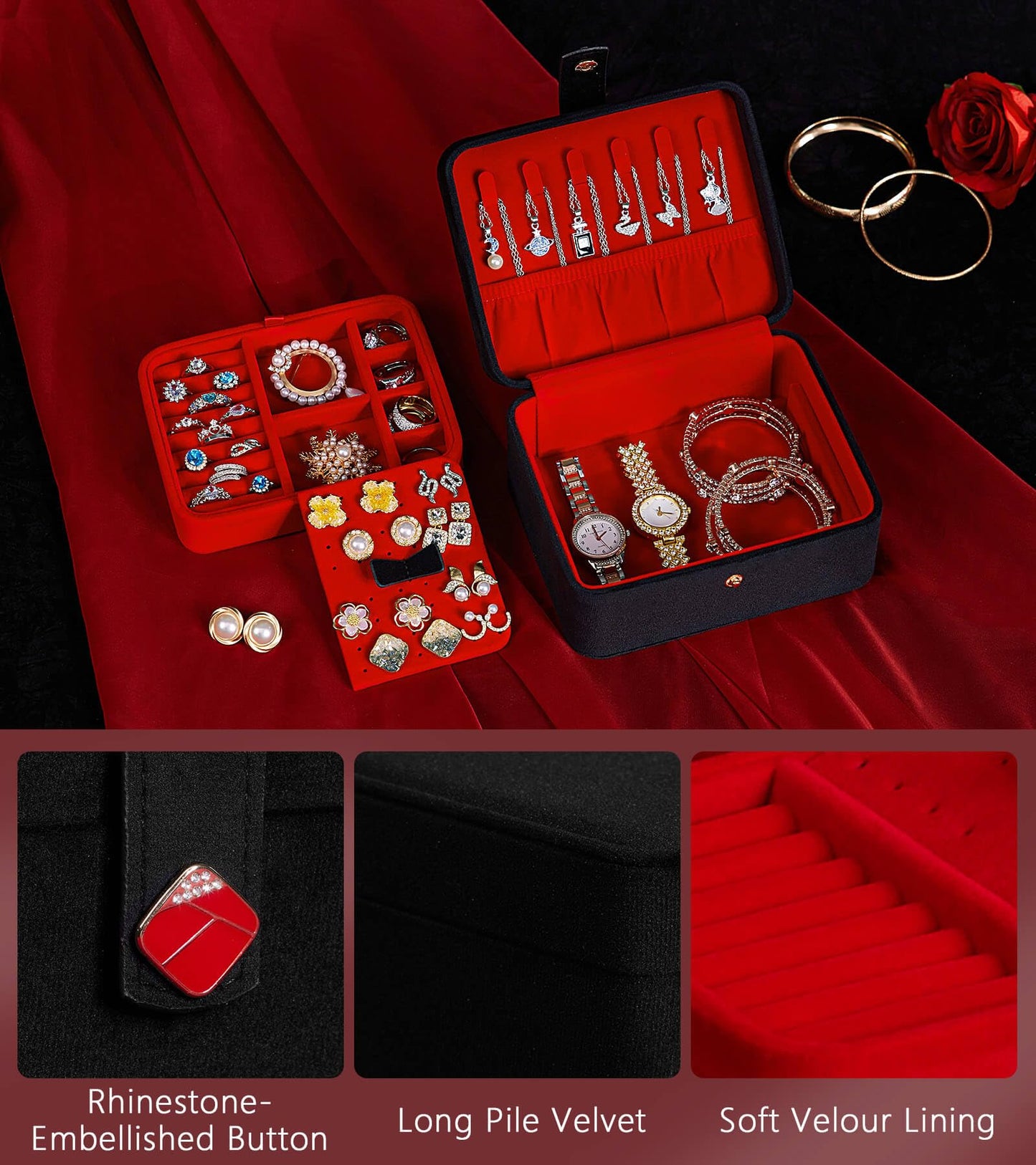 Homde Jewelry Box Small for Women: Ring Earring Organizer Storage for Dresser - Necklace Bracelets Holder with Multi Compartments(Black + Red)