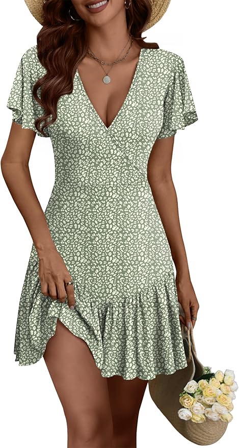 ANRABESS Womens Summer Mini Dresses 2026 Casual Floral Beach Vacation Sundress Wrap V Neck A-Line Boho Spring Short Dress