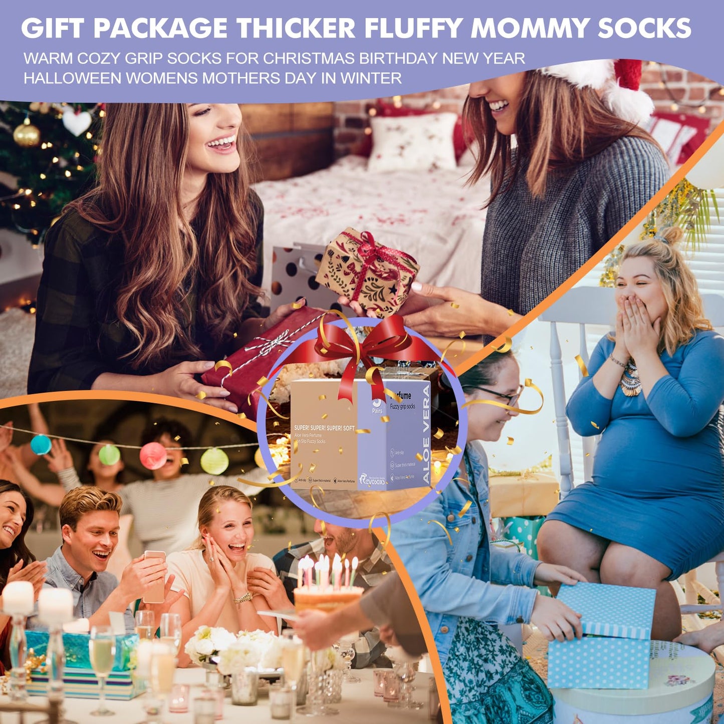 Revosoxs Fuzzy Socks with Grips for Women Men,Non Slip Hospital Crew Cozy Socks with Aloe Vera Perfume(Brown+Purple+Pink)