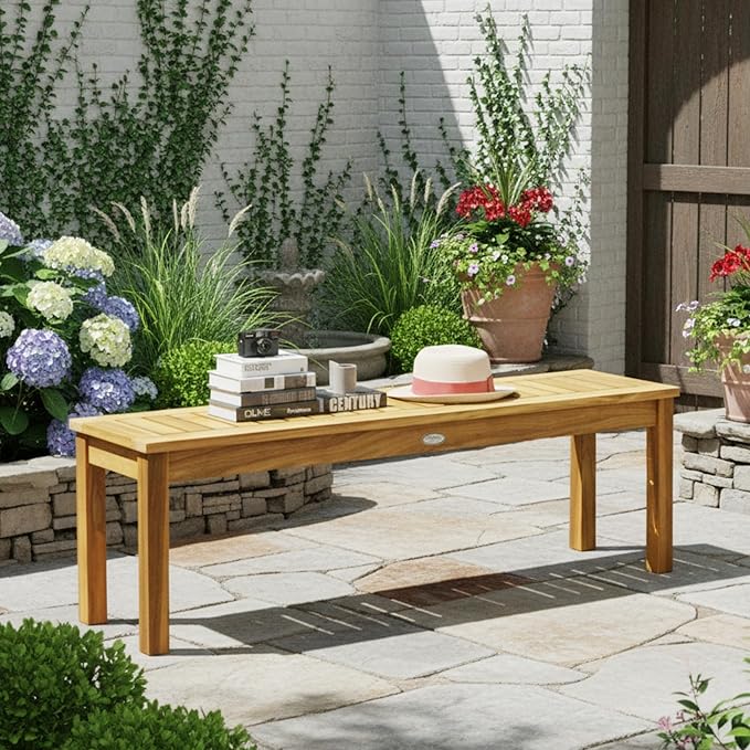Tangkula 52 Inches Acacia Wood Outdoor Bench for Dining Room, Entryway, Poolside, Garden - Patio Backless Dining Seat with Slatted Design, Ideal for Outdoors & Indoors