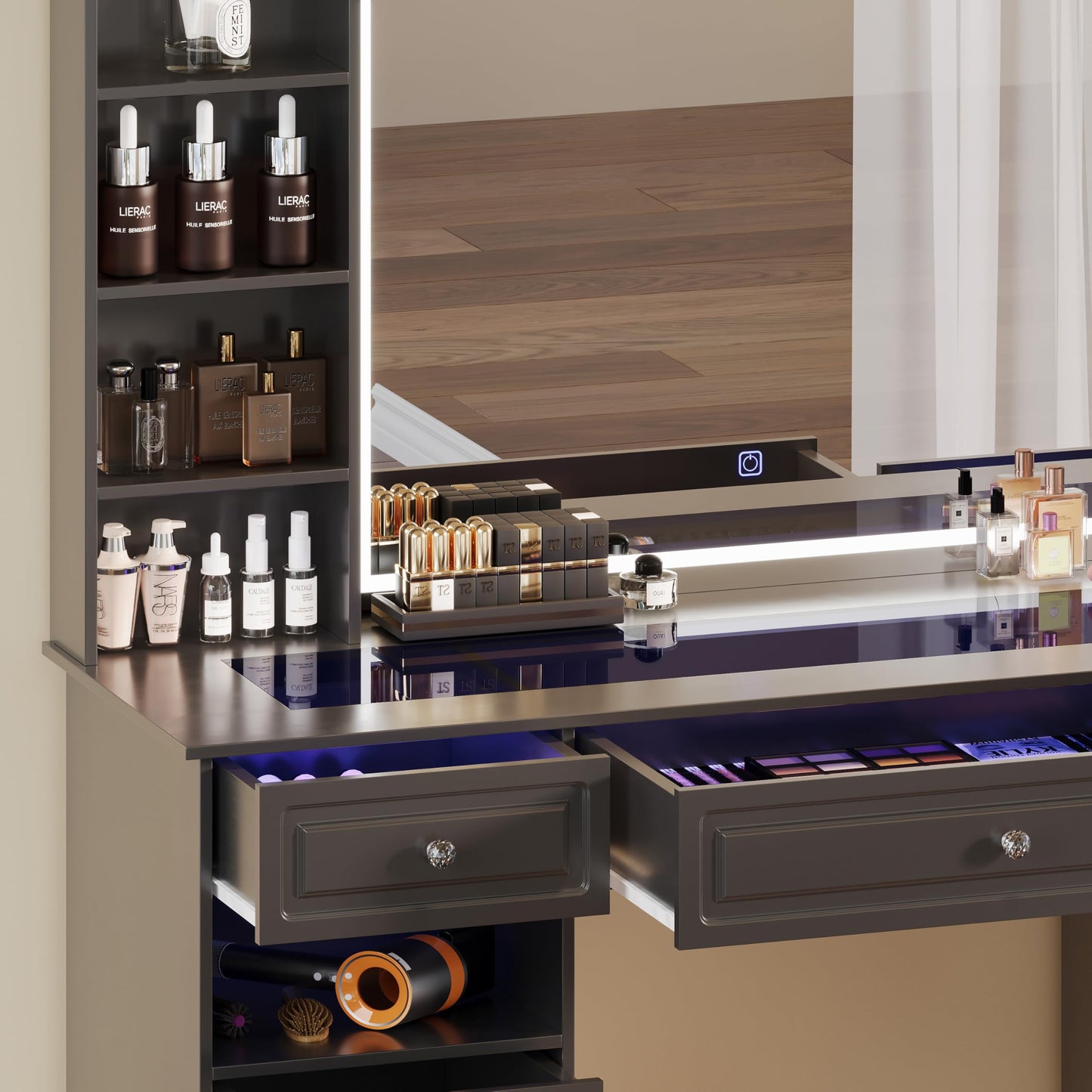 Jartoil Extra Large Vanity Desk with Lighted Mirror, 47" Makeup Vanity with Glass Top, Black Vanity Table with 9 Drawers, Tall Vanity with Crystal Knobs for Bedroom (Minimalist Style)