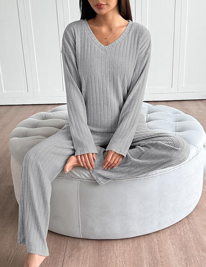 Ekouaer Lounge Sets for Women Long Sleeve Knit Ribbed Pajama Sets 2 Piece Casual Loungewear with Pockets