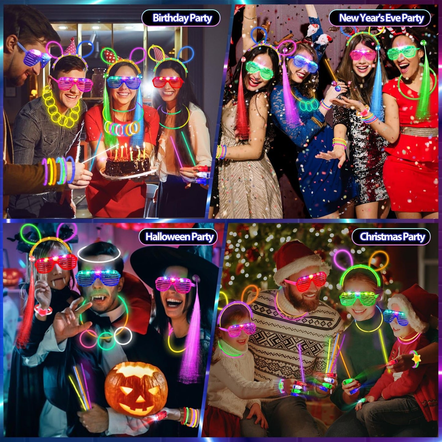 Glow in the Dark Party Supplies for Kids Adults, 128PCS Light Up Party Favors with LED Glasses, LED Hair Clips,Finger Lights, Rings, Glow Sticks, Neon Bracelets Headbands Molds for Halloween Raves
