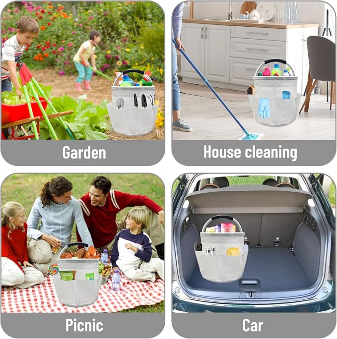 Qivine Cleaning Caddy for Cleaning Supplies, 17L Cleaning Supply Caddy with Handle Foldable Cleaning Supplies Organizer Bucket Tool Bag Organizer Cleaning Products Organizers for Home, Garden (White)