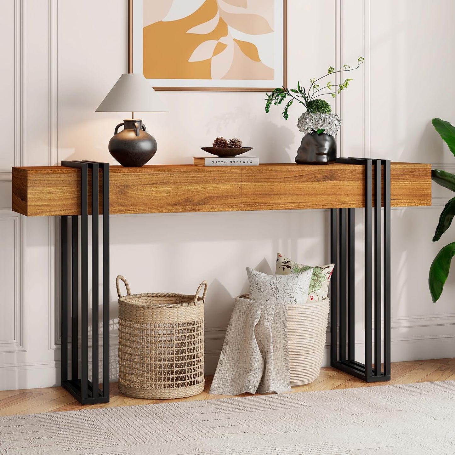 knoworld 63 Inch Long Console Table, Industrial Sofa Table Behind The Couch Rectangular Entryway Table for Entrance Hallway Living Room, Brown
