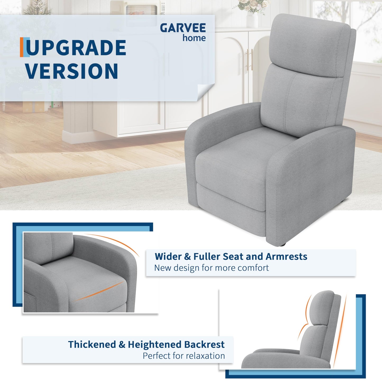 Recliner Chair for Adults, Adjustable Push Back Reclining Chair with Side Pocket, High Backrest & Thick Cushion, Padded Lounge Sofa Chair for Living Room, Home Theater & Bedroom, Light Grey