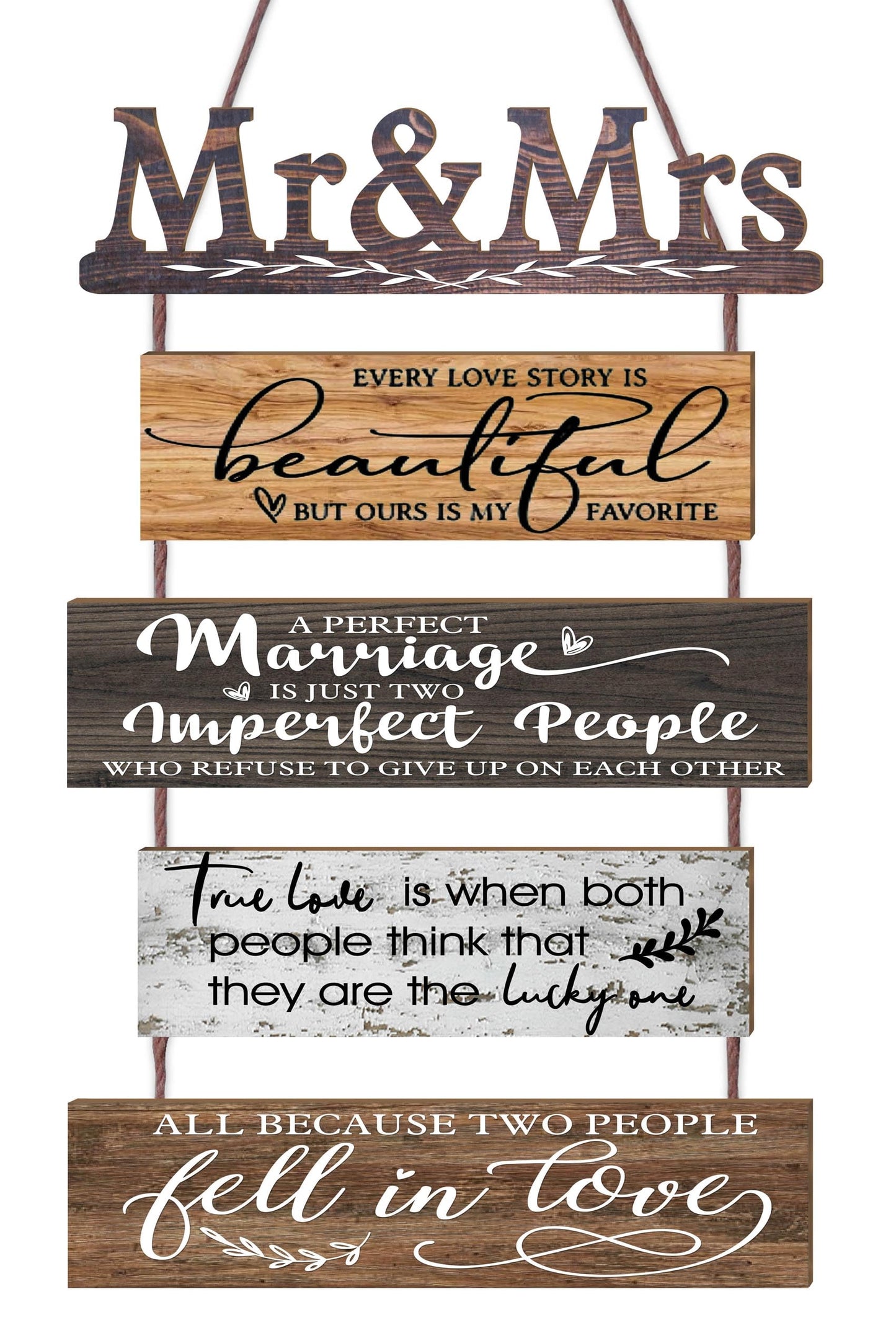 Mr & Mrs Rustic Wall Collage Sign with 5pcs Panels Strung Together - Marriage Wedding Engaged Anniversary Shower Farmhouse Distressed Wall Decor - Sweet Warming Gifts for Wife Husband Couples